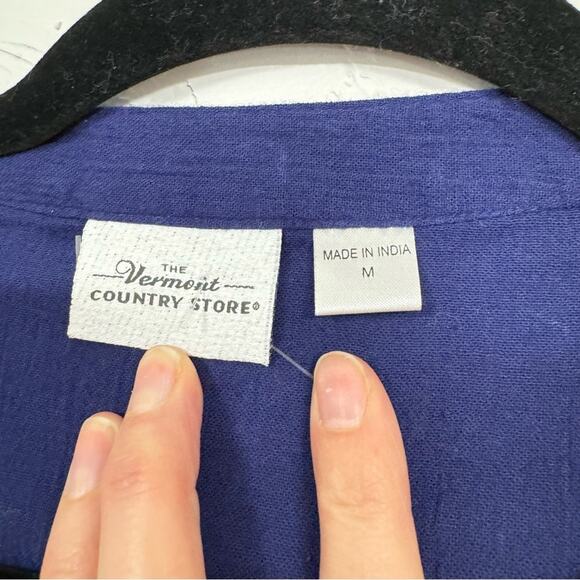 The Vermont Country Store Navy Blue Crepe Cotton White Fish Print Dress Womens M - Picture 2 of 12